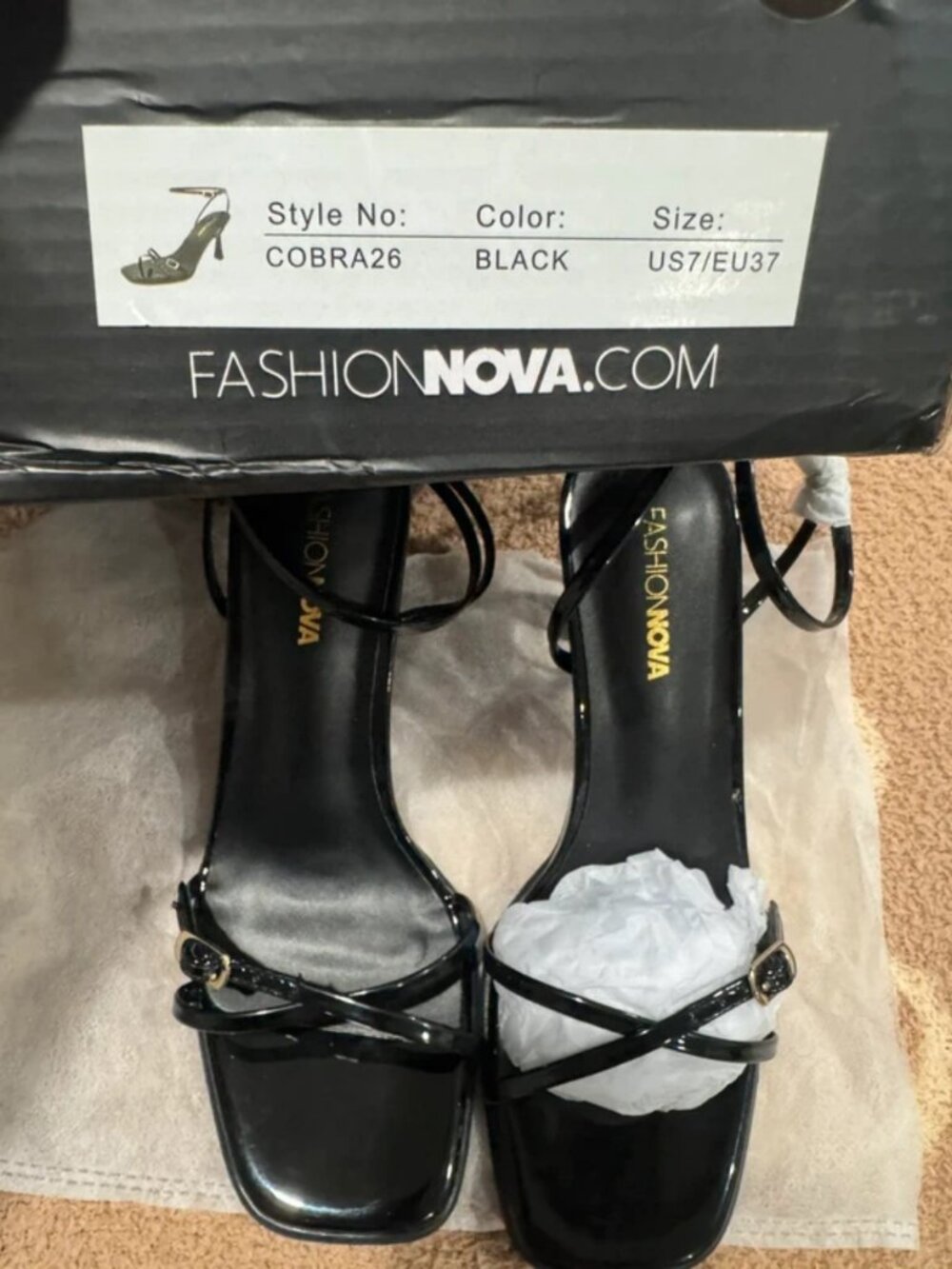 Fashion Nova Cobra26 Black Strappy Heels – Size 7